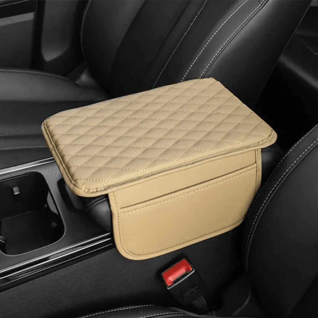 Leather Car Armrest Box Heightening Pad With Side Storage Bag, Car Armrest Box Cushion With Storage Pocket