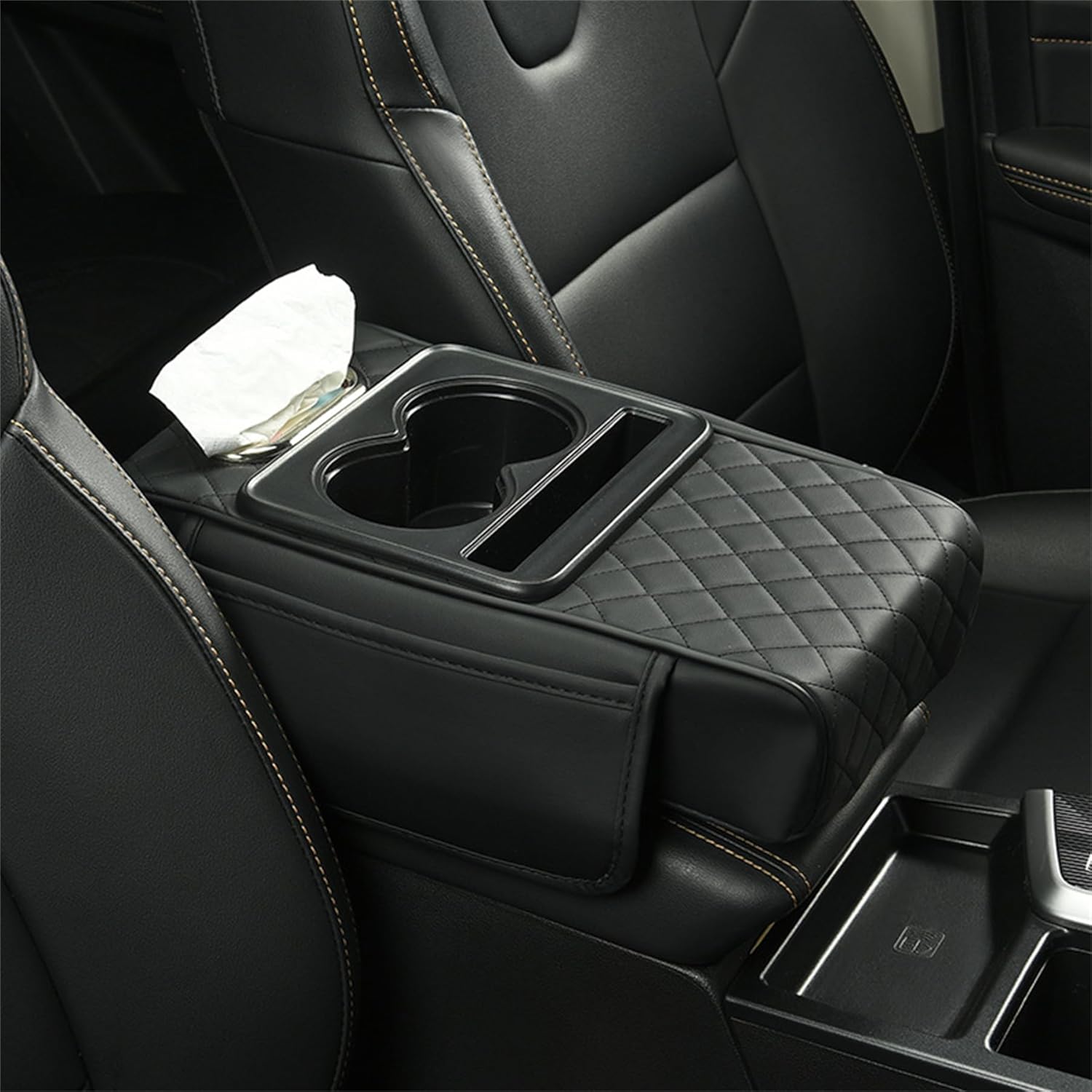 All-in-One Car Armrest Heightening Pad with Bottle Holder & Tissue Box