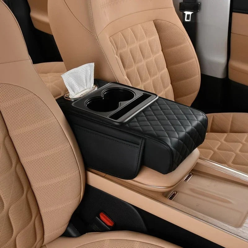 All-in-One Car Armrest Heightening Pad with Bottle Holder & Tissue Box