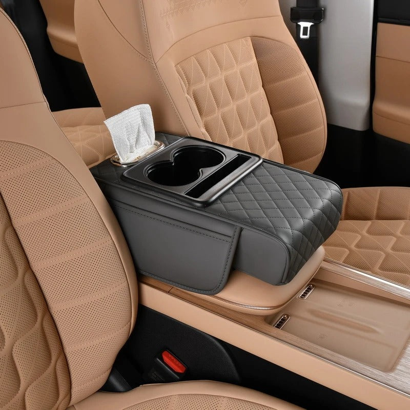 All-in-One Car Armrest Heightening Pad with Bottle Holder & Tissue Box