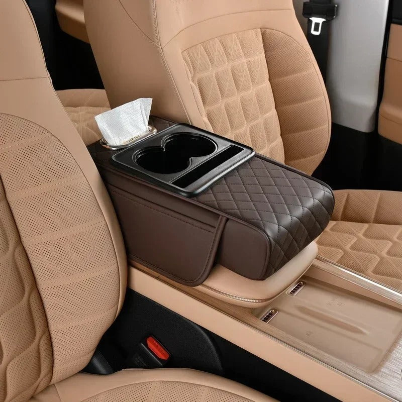 All-in-One Car Armrest Heightening Pad with Bottle Holder & Tissue Box